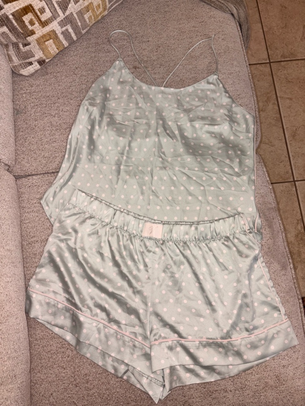 Victoria's Secret Mint & White Polka Dot Satin Cami and Short Set